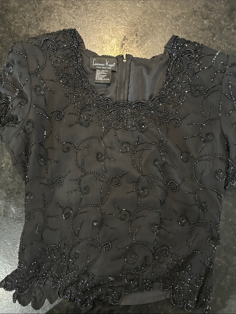 Laurence Kazar Black Beaded Embellished Short Sleeve Blouse
